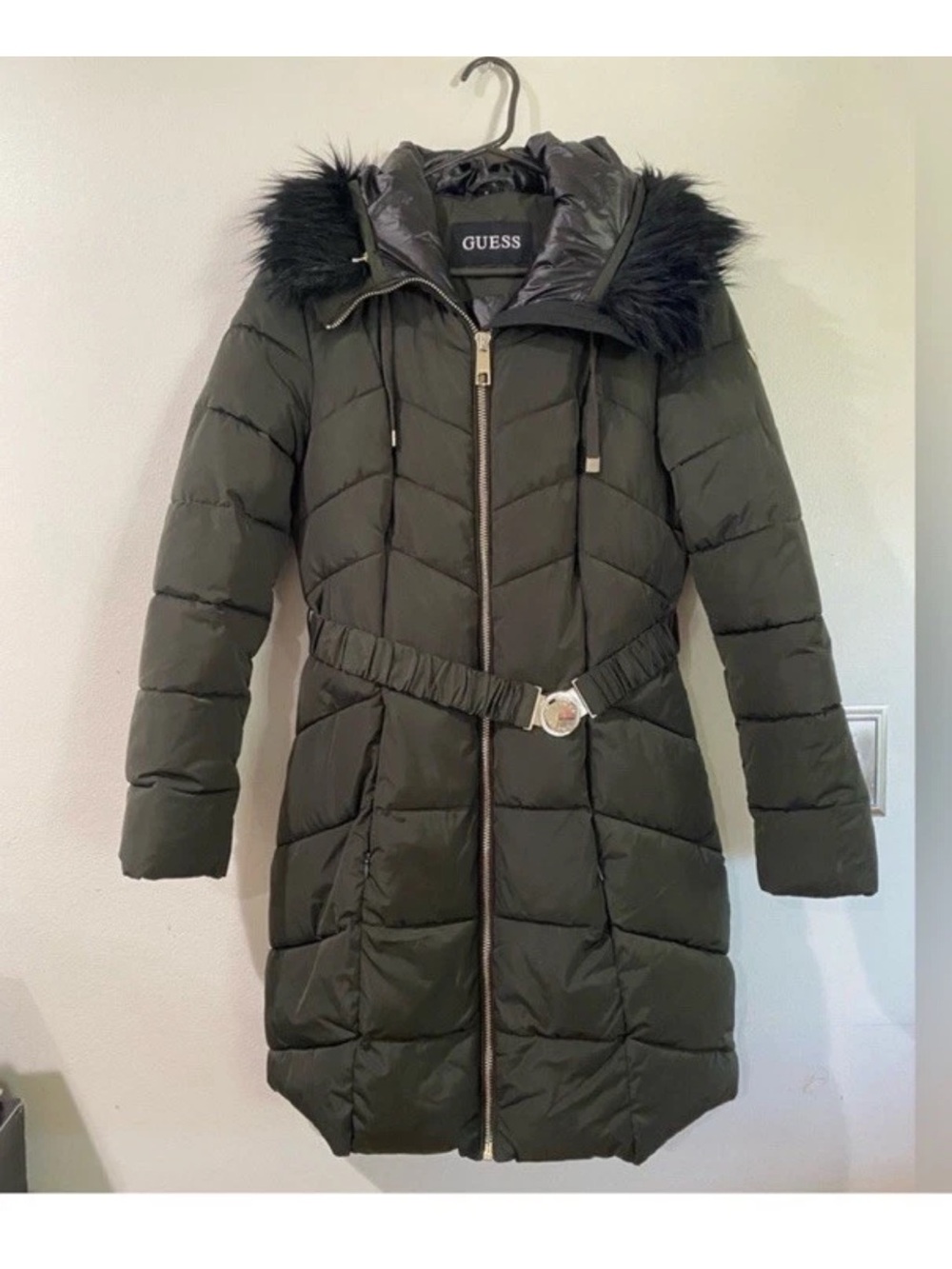 GUESS Olive Green Quilted Long Puffer Coat with Faux Fur Trim